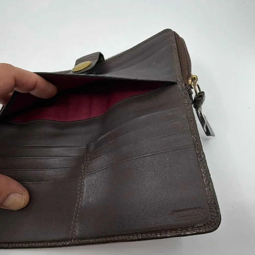 Coach Mixed Material Continental Brown Signature Canvas Leat